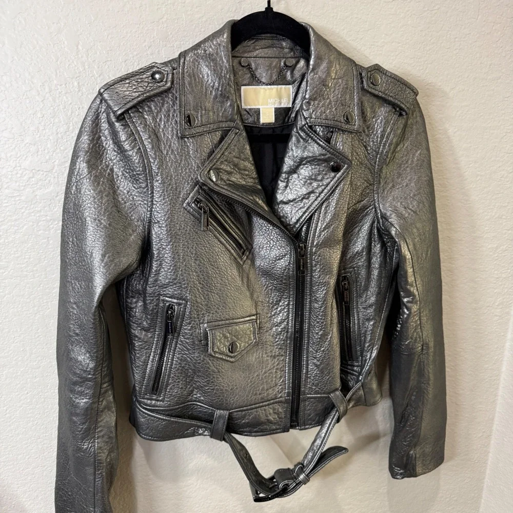 Michael Kors Silver Lamb Leather Moto Jacket Small Y2K Streetwear Metallic Biker
